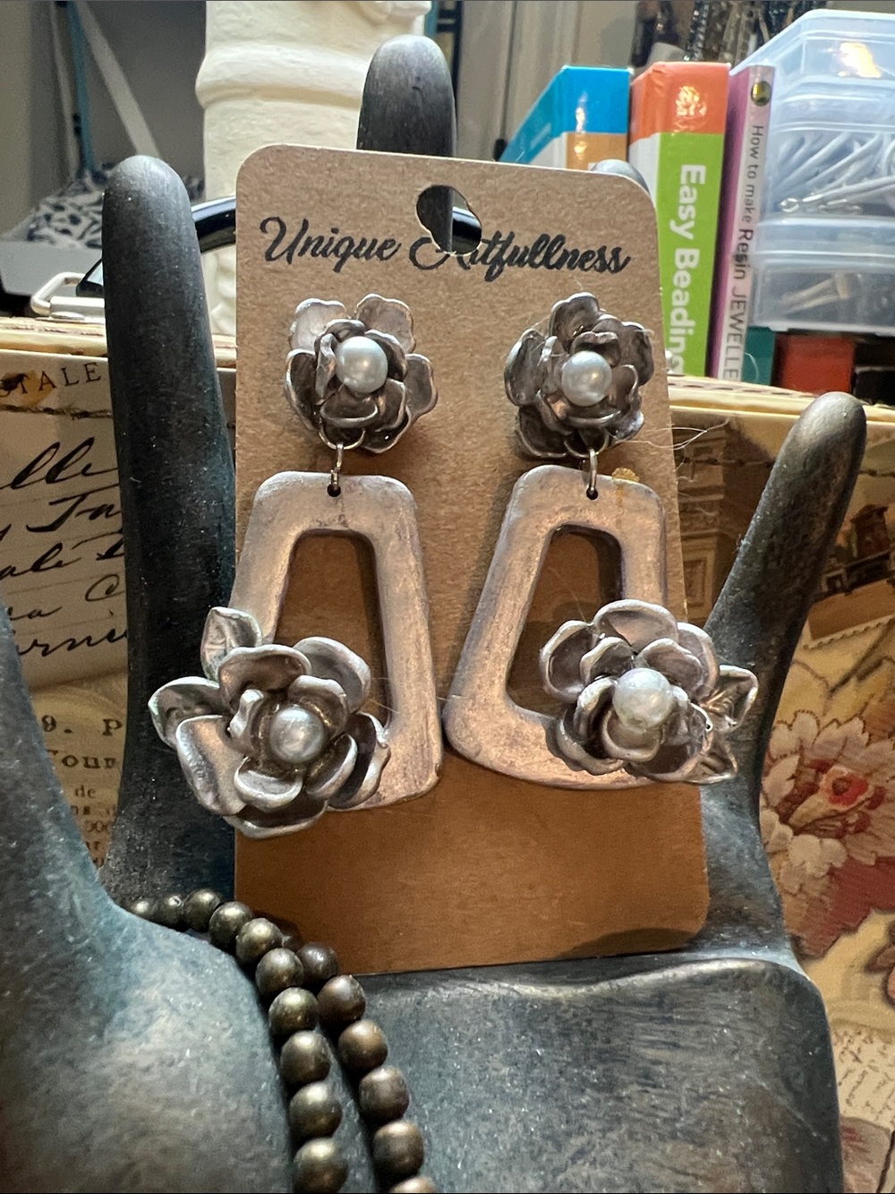 Polymer clay handmade Silver pewter Floral Drop Earrings